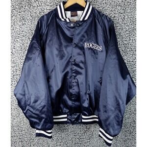 Hilton Active Apparel Blue Satin Bomber Jacket Spell Out Roger Size XXL USA Made